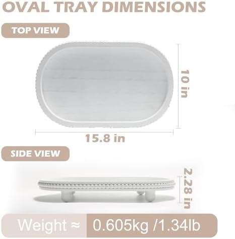 Wooden Decorative Tray for Coffe Table, Beaded White Oval Tray Home Decor - Image 3
