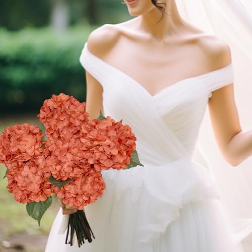6PCS Burnt Orange Hydrangea Artificial Flowers, Fall Silk Faux Hydrangea - Image 3