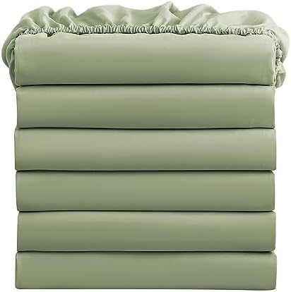 FreshCulture Queen Fitted Sheets, Bulk Pack of 6, Deep Pocket, Soft Microfiber Bottom Sheets for Home, Salons, Hotels, Queen Size Fitted Sheets Only (Sage Green) by FreshCulture