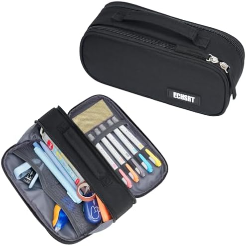 ECHSRT Large Tactical Pencil Case, 3-Compartment Pen Pouch Organizer, Black by ECHSRT