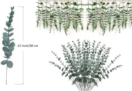 ABAJI Plastic Eucalyptus Green Spraying Frost Stems 12 Fake Faux Decorations Artificial Leaves Greenery Plant Leaf Home Office House Table Desk Decor Wedding Party Vase Forever Live - Image 3