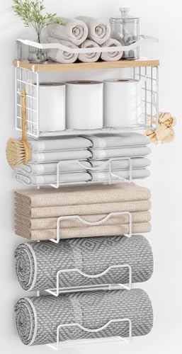 Towel Racks for Bathroom,Towel Rack Wall Mounted, 6 Tier Rolled Or Folded Towel Holder with Floating Shelves, Bathroom Towel Holder for Bath, Hand Towels,White,Walnut Wood Panel by LIDTOP