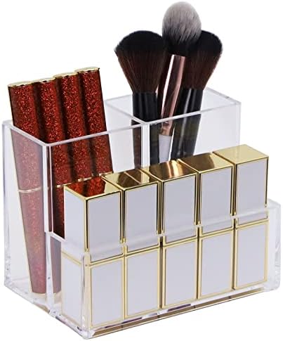 Acrylic Makeup Organizer Cosmetic Storage Makeup Display Case Makeup Brush Holder Lipstick Dispenser Canister Bathroom Container (5.1 x 3.5 x 3.9 in, 3 Partitions, Transparent)