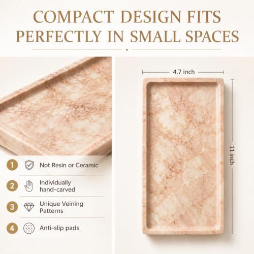 Pink Marble Tray for Vanity, Slim Natural Stone Decorative Tray for Bathroom, Perfume Organizer, Jewelry Dish, Kitchen & Entryway Countertop Decor, Small Rectangle Tray - Image 6