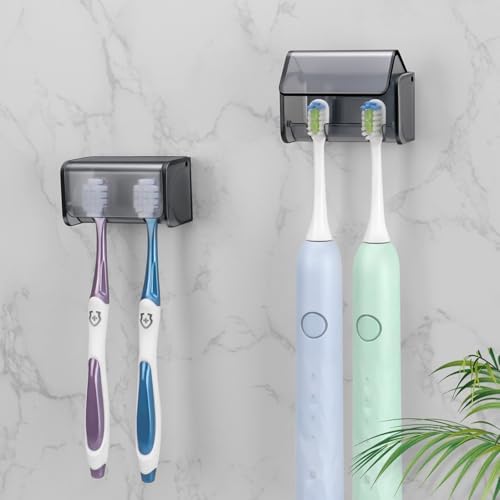 2 PCS Toothbrush Holders Wall Mounted with Cover (2, Transparent Black) by PARKMANI