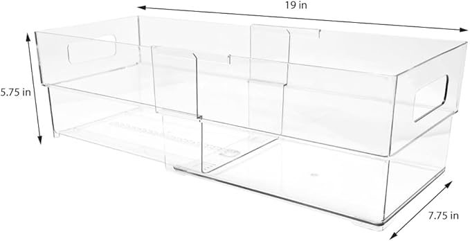 Isaac Jacobs 2-Pack Clear Expandable Storage Bins - Large, 11"-19" L x 7.8" W x 5.8" H, Plastic Organizer with Cut-Out Handles, Adjustable Length from 11-19" for Home, Kitchen & Office