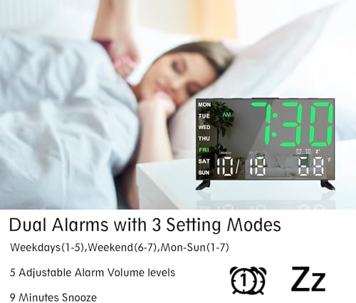 Mirror Digital Loud Alarm Clock with with Date,Indoor Temperature,USB Charging Port,Dimmer,Adjustable Volum,12/24H,Snooze,Dual Alarms (Weekday/Weekend),Perfect for Bedroom and Living Room - Image 5