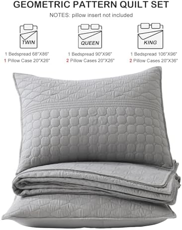 HORIMOTE HOME Grey Queen Size Quilt Set - Soft Microfiber Bedspread with 2 Shams, Lightweight & All-Season Geometric Coverlet for Cozy Bedding - Image 7