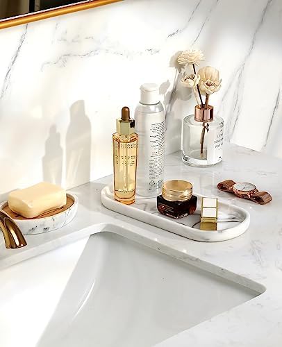 Emibele Oval Vanity Tray, 10" Bathroom Countertop Organizer Tray, Kitchen Sink Sponge Holder Soap Dispenser Resin Marble Tray for Perfume Jewelry Candle, Small, White Marble