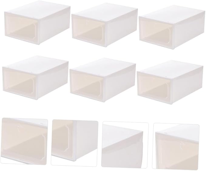 Creative Shoes Box Large Capacity Storage Case with Lid, Thickened Plastic Drawer-type Shoe Organizer for Closet, 6pcs Set, Pearl White