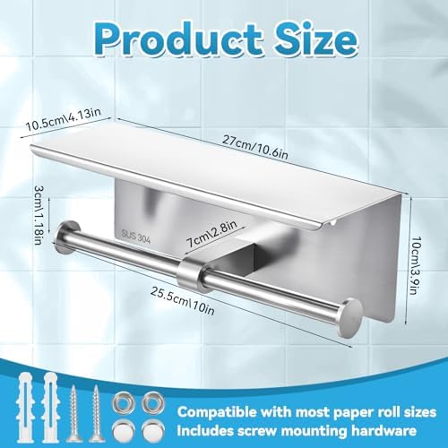 Double Bathroom Toilet Paper Roll Holder with Shelf Wall Mount Tissue Roll Holder Stainless Steel Wall Mounted RV Tissue Rolls Holders Toilet Paper Holders with Shelf, Silver - Image 2