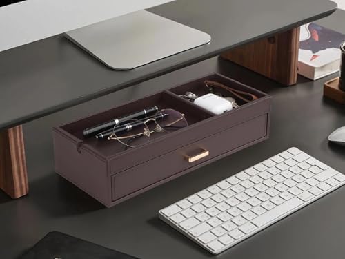 HofferRuffer Valet Jewelry Tray Organizer with Drawer, Faux Leather Storage Catchall Box Phone Charging Station Tray with Dresser Nightstand Desktop Drawer Organizer (Dark Brown) - Image 7