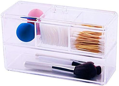 Square Acrylic Cotton Ball Pads Gauze Swab Holder Organizer Q-tip Dispenser Storage Canister Bathroom Container Flossers Box Case (9.3x3.7x5.1 in, 2 Tiers, 4 Partitions, Transparent)