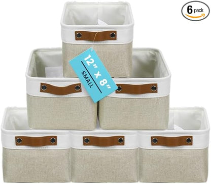 OrganiHaus 12x8in Canvas Storage Baskets 6 Pack | SMALL Fabric Bins for Shelves | Pantry & Bathroom Organizer | Beige/Off-White