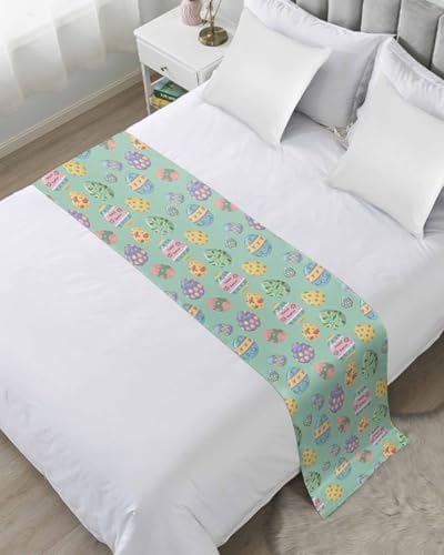 Happy Easter Eggs Bed Runners for Bedroom Hotel,Decorative Bedding Scarf Seamless Colorful Egg on Green Bed End Blanket Bedding Runner Scarves for Queen Size Beds,94x20in - Image 2