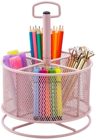 Marbrasse Mesh Desk Organizer, 360-Degree Rotating Multi-Functional Pen Holder, 4 Compartments Desktop Stationary Organizer, Home Office Art Supply Storage Box Caddy (Pink) by Marbrasse