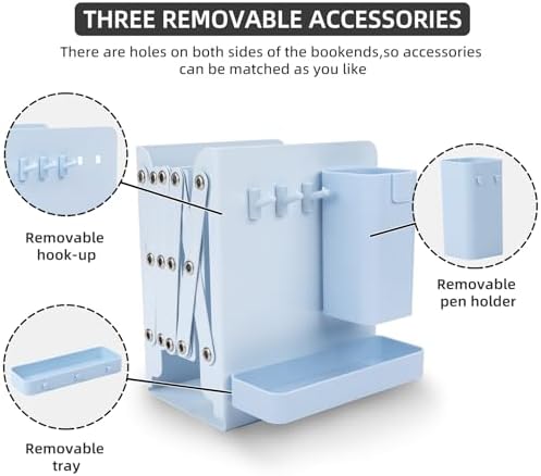 Adjustable Bookends, 19" Metal Book Ends for Heavy Books, 2 Dividers Bookends with Removable Pen Holder, Tray, and 3 Hook-up, Book Organizer for Office, School, Bookstore, Home - Image 5