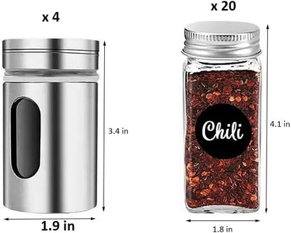 24 Pack Glass Spice Jars with Label, Empty Spice Bottles with Metal Caps and Shaker Lids, Kitchen Seasoning Containers Set, Seasoning Organizer Set for Spice Rack (24 Pack)