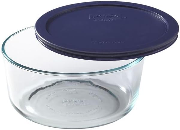 Pyrex Storage Plus 7-Cup Round Glass Food Storage Dish, Blue Cover, Pack of 2 - Original Genuine Made in the USA