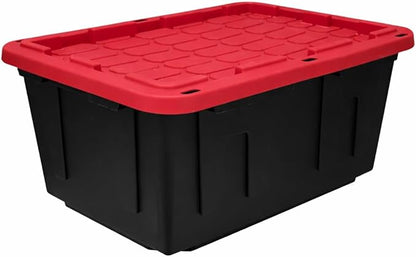 27 Gallon Large Storage Bin with Snap Lid, Heavy Duty Plastic Storage Container, Black and Red, 4 Pack