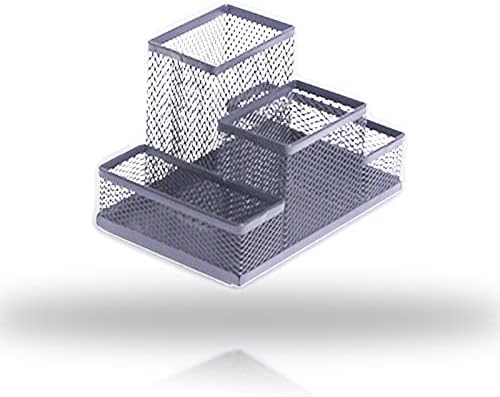 Desk Organizer Desktop Mesh Pen Pencil Holder Caddy with 4 Compartments, Office Home School Classroom Accessories Cool Supplies (Silver) by koofull