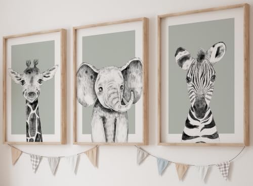 Safari Animals Baby Girl Boy Set of 3 Nursery Unframed Prints, Bedroom Decor Wall Art Posters, Black and White Elephant Giraffe Zebra, Green Background (8x10) by EviepopsPrints