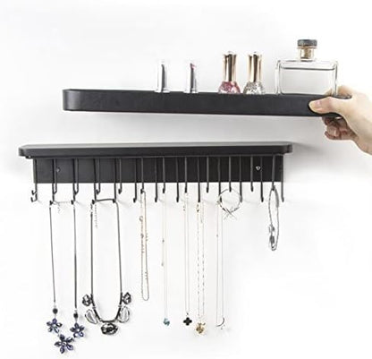 J JACKCUBE DESIGN Necklace Holder Wall Mounted Jewelry Organizer for Bracelet, Earrings and Rings with 25 Hooks - Gothic Room Decor Bedroom Shelf Rack (Black) - MK124B