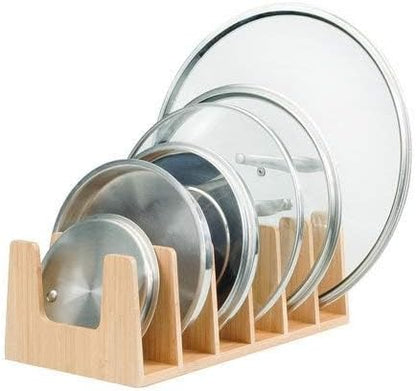 MobileVision Bamboo Pot Lid Holder Organizer for Storage in Cabinets or Kitchen Countertops, 6 Sections