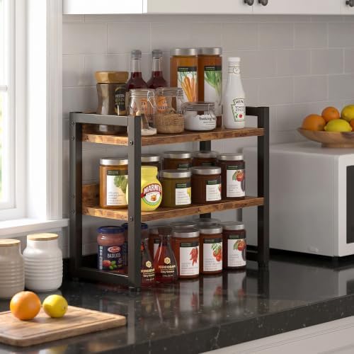Kitchen Countertop Organizer Shelf, 3 Tier Spice Rack Wood Coffee Counter Shelf Kitchen Cabinet Organizer with Metal Leg for Countertop, Pantry, Bathroom Countertop Organizer, Rustic Brown - Image 2