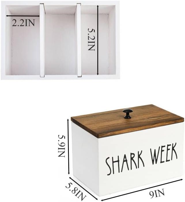 Hacaroa Tampon Holder for Bathroom, Shark Week Tampon Storage Organizer with Lid, Farmhouse Rustic Wood Pad Container Feminine Product Caddy Box for Bathroom Accessories, Movable Partition