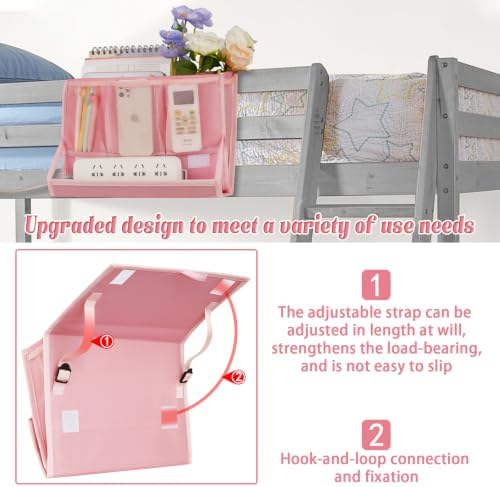 Bedside Caddy Organizer for Dorm Bed Rails with 7 Pockets, Pink - Image 4