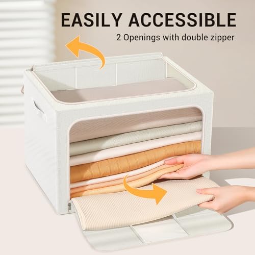 Clothes Storage Bins with Metal Frame, Foldable Clothes Organizers Storage Containers for Clothes, Sheets, Blankets, Pillows and Towels (24L, 3 Pack) Beige - Image 5