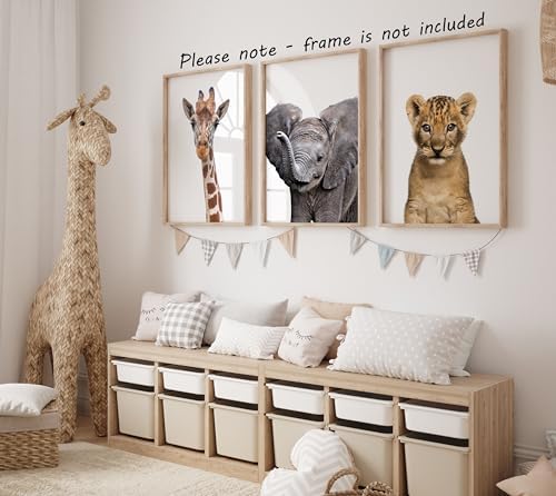 Realistic Baby Safari Animals Set of 3 Girl or Boy Unframed Nursery Prints, Bedroom Playroom Jungle Decor Wall Art Posters, Giraffe Elephant Lion Cub, Gray Yellow Brown (11x14) - Image 3