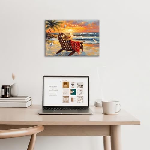Beach Coastal Bathroom Pictures Wall Art, Seaside Ocean Bathroom Wall Decor, Sunrise Palm Framed Painting Canvas Artwork for Bedroom Living Room Decorations 24" L x 16" W - Image 2