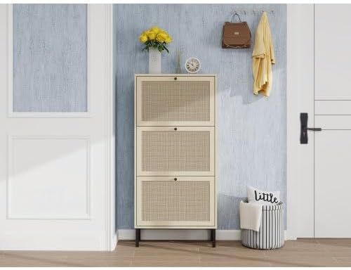 ZeHuoGe Natural Rattan Cabinet with 3 Flip Drawers, Free Standing Modern 3-Tier Shoe Storage Rack for Heels, Slippers, Entrance Hallway Entryway （3 Drawers）