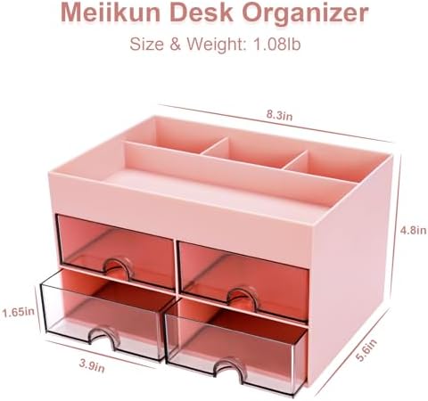 Meiikun Desk Organizer, Office Organizer with Drawer, Desk Accessories & Workspace Organizers, Pen Holder Office Supplies for Desk (4 Drawers+4 Compartments, Pink) - Image 2