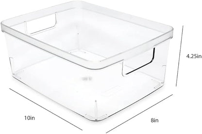 Isaac Jacobs 3-Pack Medium Clear Storage Bins (8” L x 10” W x 4.25” H) w/Cutout Handles, Plastic Organizer for Home, Office, Kitchen, Fridge/Freezer, Bathroom, BPA Free, Food Safe (3-Pack, Medium)