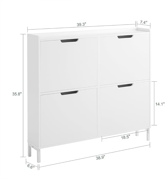 Haotian Ultra Thin Shoe Cabinet with 4 Flip-Drawers, Narrow Shoe Rack, Slim Shoe Storage Organiazer Entryway, White, FSR100-W, 7.5" D x 39.4" W x 35.6" H