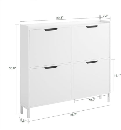 Haotian Ultra Thin Shoe Cabinet with 4 Flip-Drawers, Narrow Shoe Rack, Slim Shoe Storage Organiazer Entryway, White, FSR100-W, 7.5" D x 39.4" W x 35.6" H