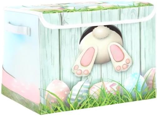 senya Easter Baskets Collapsible Storage Bins with Lids, Easter Bunny Bottom with Pink and Blue Eggs Storage Boxes Clothes Baskets for Organizing