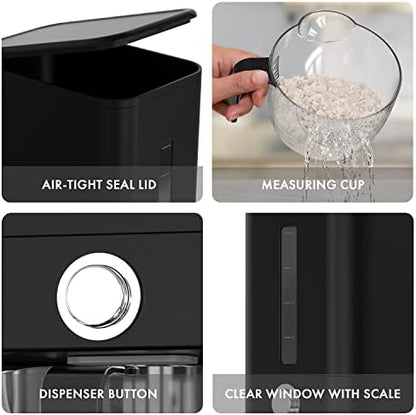 Rice Dispenser - 26.5 lbs Rice Storage Container with Measuring Cup, Rice Scoop & Sponge – Large Cereal Grain Bucket with Scale for Kitchen Pantry Organization, BPA-free, Airtight (Black)