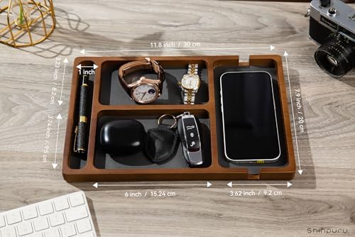 Shinpuru Wooden Valet Tray for Men, Nightstand Organizer with Leather Inlay, EDC Essentials Catchall Tray for Keys, Phone, Wallet, Watch, Earbuds - Bedside Desk Entryway Tray (Wood-Pen) - Image 3