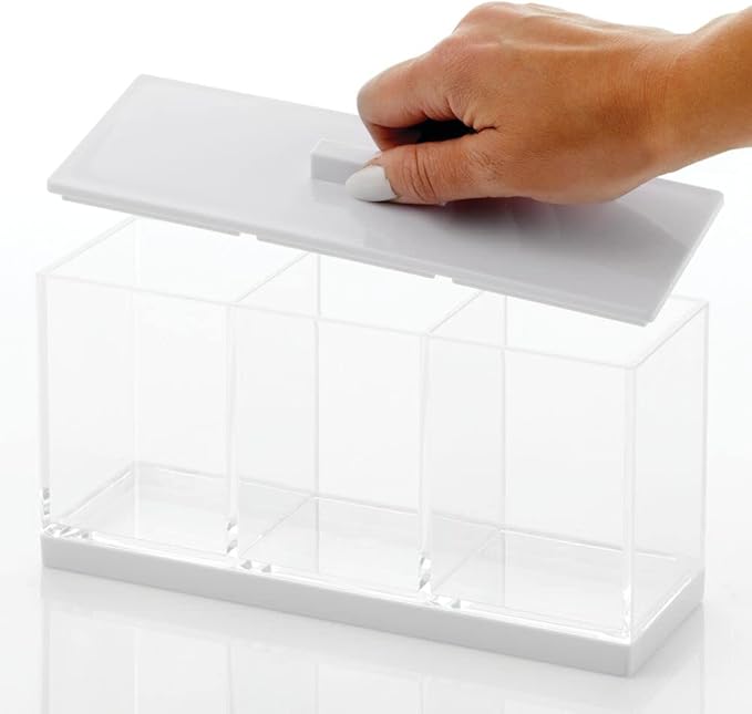 mDesign Cosmetic Divided Organizer Storage Canister Box with 3 Sections and Lid for Bathroom Vanity Countertop - Holder for Cotton Swabs, Perfume, Lipstick - Lumiere Collection - Clear/White