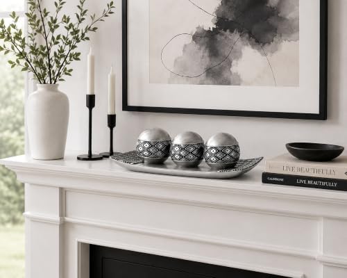 Metallic Silver Decorative Orbs with Tray Set, 3Pcs Resin Decorative Balls with Tray, Modern Accent Sphere for Coffee Table, Dining Table, Living Room, Entryway - Image 4