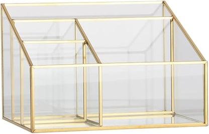 Alipis Glass Makeup Organizer with Gold Trim Large Capacity Cosmetic Display Case for Vanity Lipstick and Brush Holder Transparent Storage Box 7.67X5.70X5.11 Inches