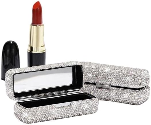 Lipstick Bling Rhinestone Crystal Case Storage Organizer Box with Mirror for Women's Lipstick Holder-Cosmetic Storage Kit (Full silver)