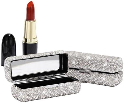 Lipstick Bling Rhinestone Crystal Case Storage Organizer Box with Mirror for Women's Lipstick Holder-Cosmetic Storage Kit (Full silver)