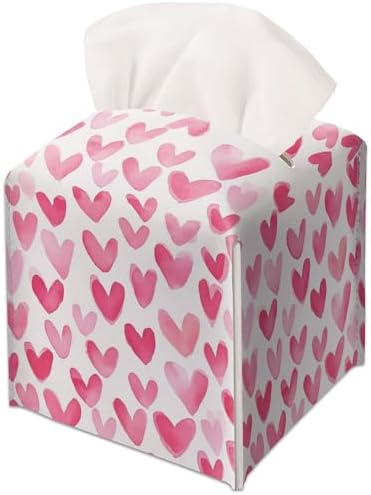 Modern Square Leather Tissue Box Cover/Case Holder Gifts for Women Family and Friends, Decorative Holder/Organizer for Bathroom Kitchen Nightstand Office Home (Pink Heart) by JUPXB