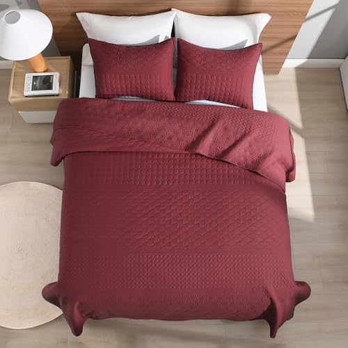 HORIMOTE HOME Burgundy Red King Size Quilt Set - Soft Microfiber Bedspread with 2 Shams, Lightweight & All-Season Geometric Coverlet for Cozy Bedding - Image 5