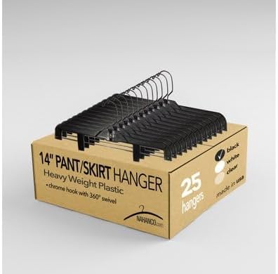 NAHANCO 14” Heavy Weight Plastic Skirt/Pant Hangers with Black Hook and Black Plastic Clips, Pack of 100